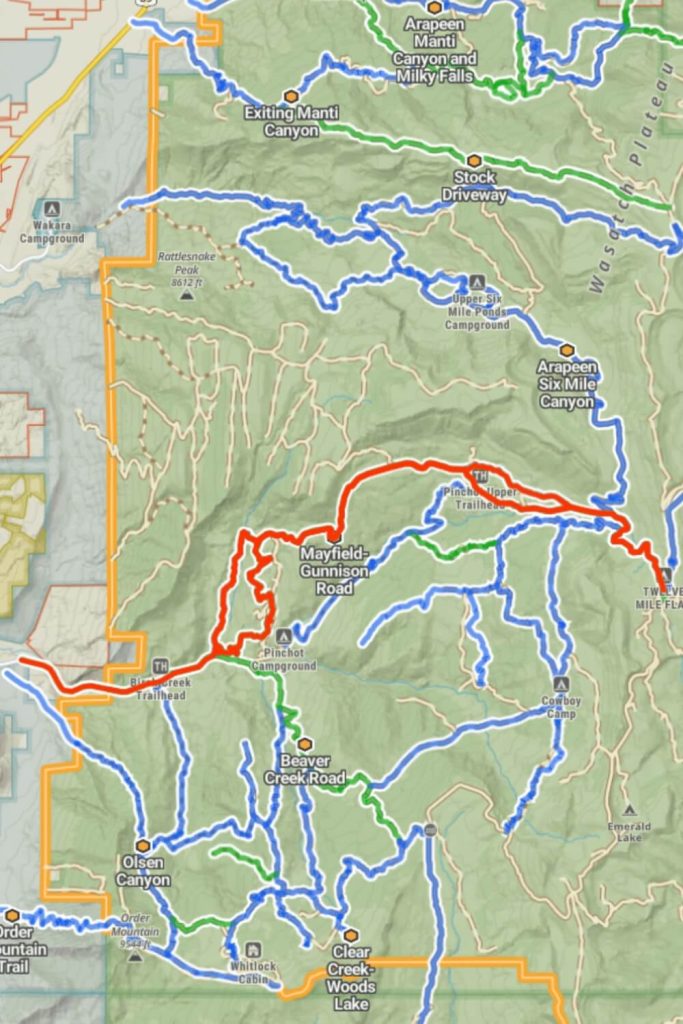 Mayfield-Gunnison Road, Birch Creek Trail, and Giant Aspen Trail Map