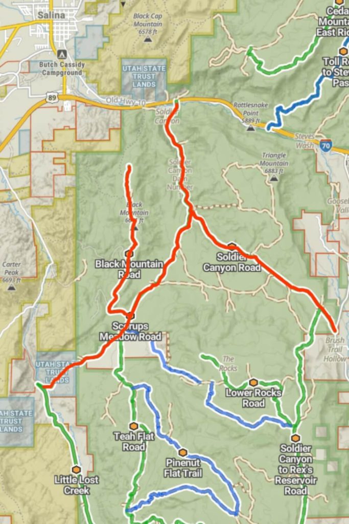 Soldier Canyon Road, Scorups Meadow Road, and Black Mountain Road